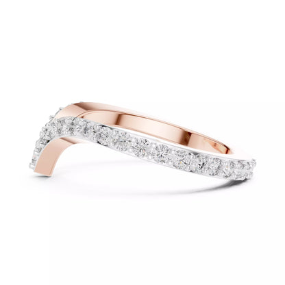 Lab-grown diamond ring with curved V band design, prong-set round diamonds, VVS to VS+ clarity, D–F color, Rose Gold  finish #ROSE GOLD
