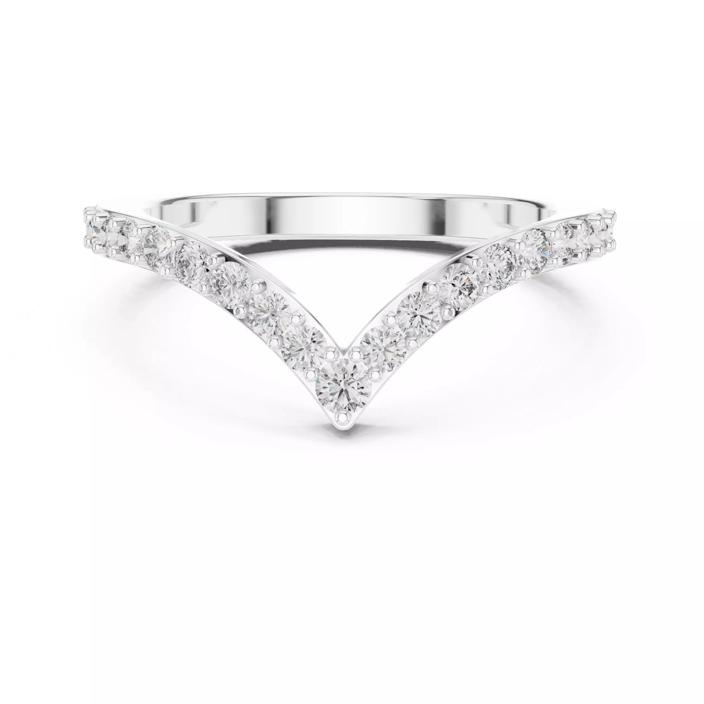 Lab-grown diamond ring with curved V band design, prong-set round diamonds, VVS to VS+ clarity, D–F color, White Gold  finish #WHITE GOLD