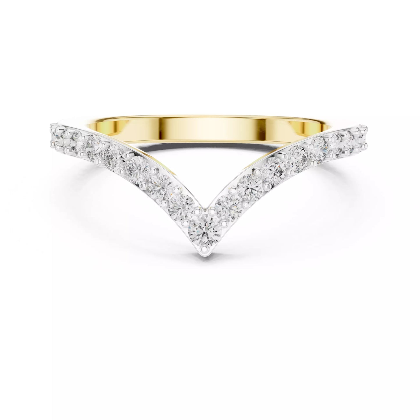 Lab-grown diamond ring with curved V band design, prong-set round diamonds, VVS to VS+ clarity, D–F color, Yellow Gold  finish #YELLOW GOLD