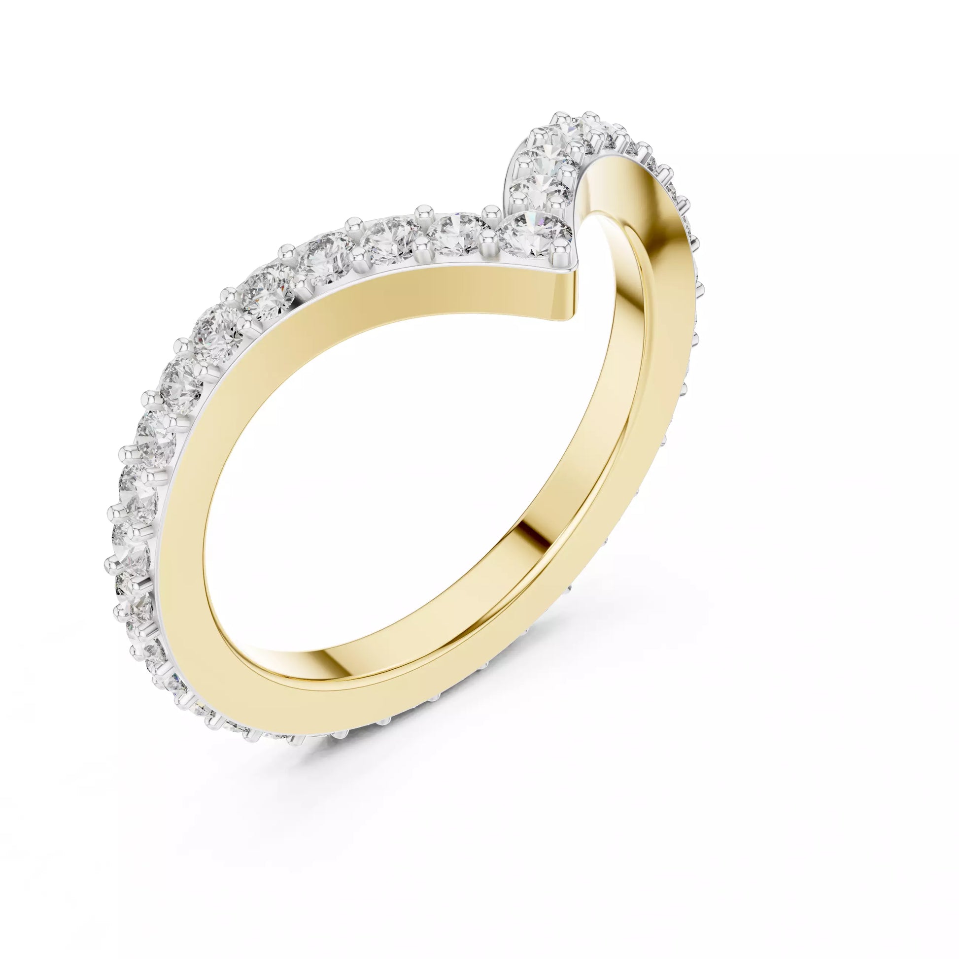 Lab-grown diamond ring with curved V band design, prong-set round diamonds, VVS to VS+ clarity, D–F color, Yellow Gold  finish #YELLOW GOLD
