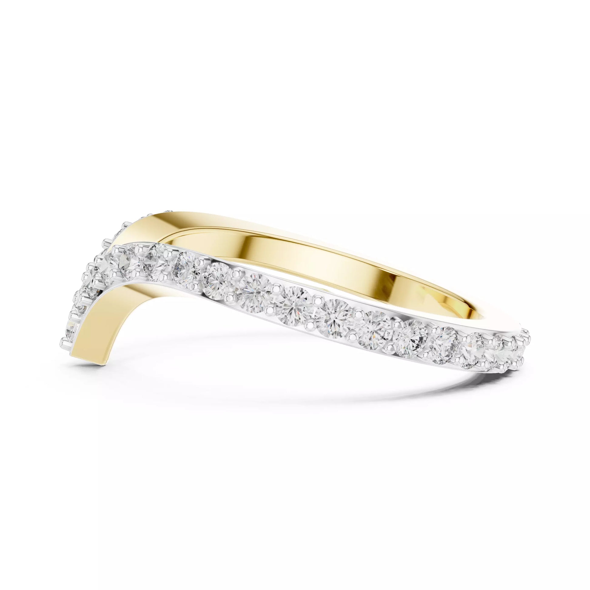 Lab-grown diamond ring with curved V band design, prong-set round diamonds, VVS to VS+ clarity, D–F color, Yellow Gold  finish #YELLOW GOLD