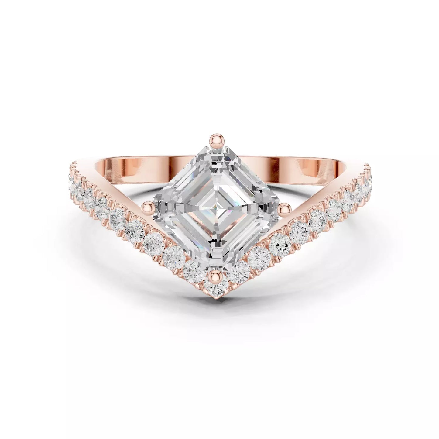 Lab-grown diamond ring with asscher-cut center, V-shaped chevron design, VVS to VS+ clarity, D–F color, Rose Gold  #ROSE GOLD