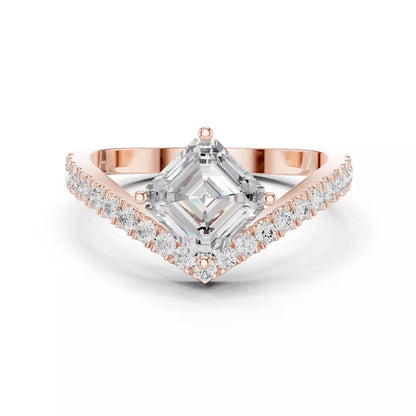 Lab-grown diamond ring with asscher-cut center, V-shaped chevron design, VVS to VS+ clarity, D–F color, Rose Gold  #ROSE GOLD