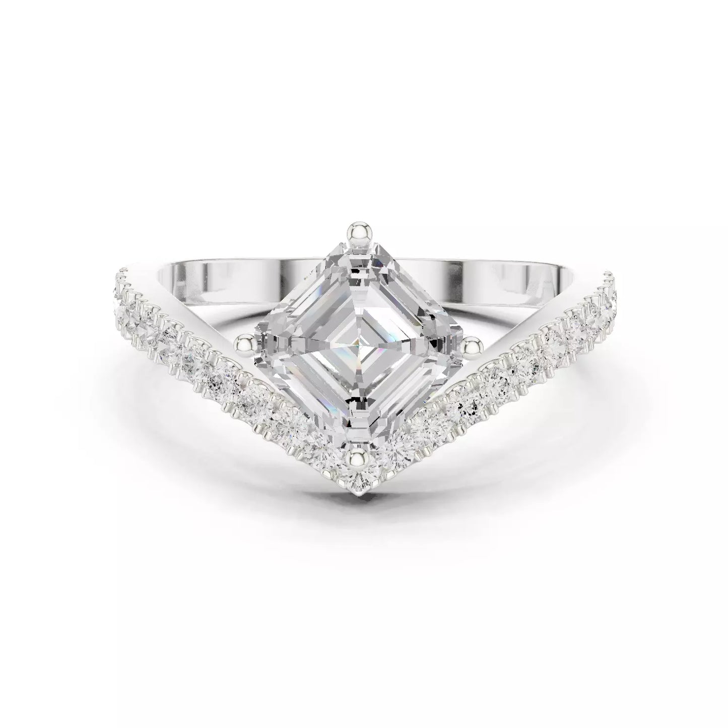 Lab-grown diamond ring with asscher-cut center, V-shaped chevron design, VVS to VS+ clarity, D–F color, White Gold  #WHITE GOLD