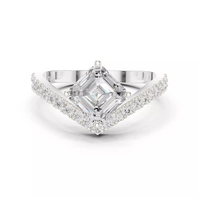 Lab-grown diamond ring with asscher-cut center, V-shaped chevron design, VVS to VS+ clarity, D–F color, White Gold  #WHITE GOLD