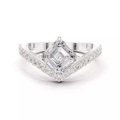 Lab-grown diamond ring with asscher-cut center, V-shaped chevron design, VVS to VS+ clarity, D–F color, White Gold  #WHITE GOLD