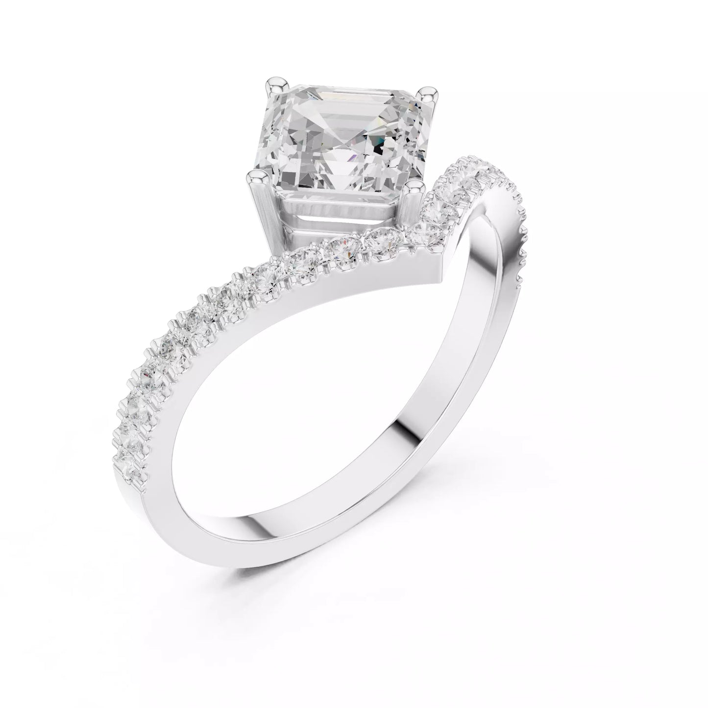 Lab-grown diamond ring with asscher-cut center, V-shaped chevron design, VVS to VS+ clarity, D–F color, White Gold  #WHITE GOLD
