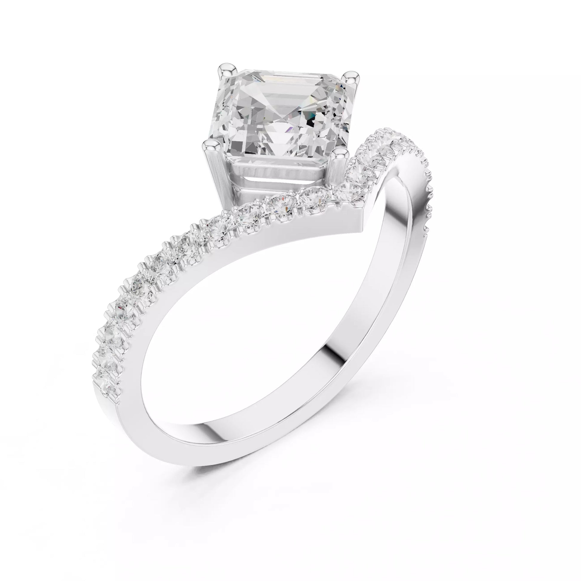 Lab-grown diamond ring with asscher-cut center, V-shaped chevron design, VVS to VS+ clarity, D–F color, White Gold  #WHITE GOLD