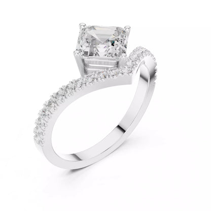 Lab-grown diamond ring with asscher-cut center, V-shaped chevron design, VVS to VS+ clarity, D–F color, White Gold  #WHITE GOLD