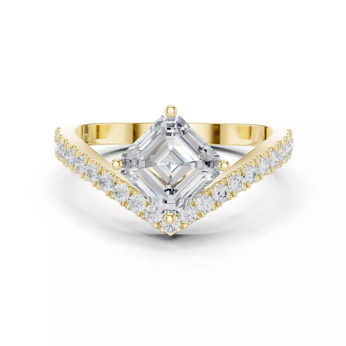 Lab-grown diamond ring with asscher-cut center, V-shaped chevron design, VVS to VS+ clarity, D–F color, Yellow Gold  #YELLOW GOLD