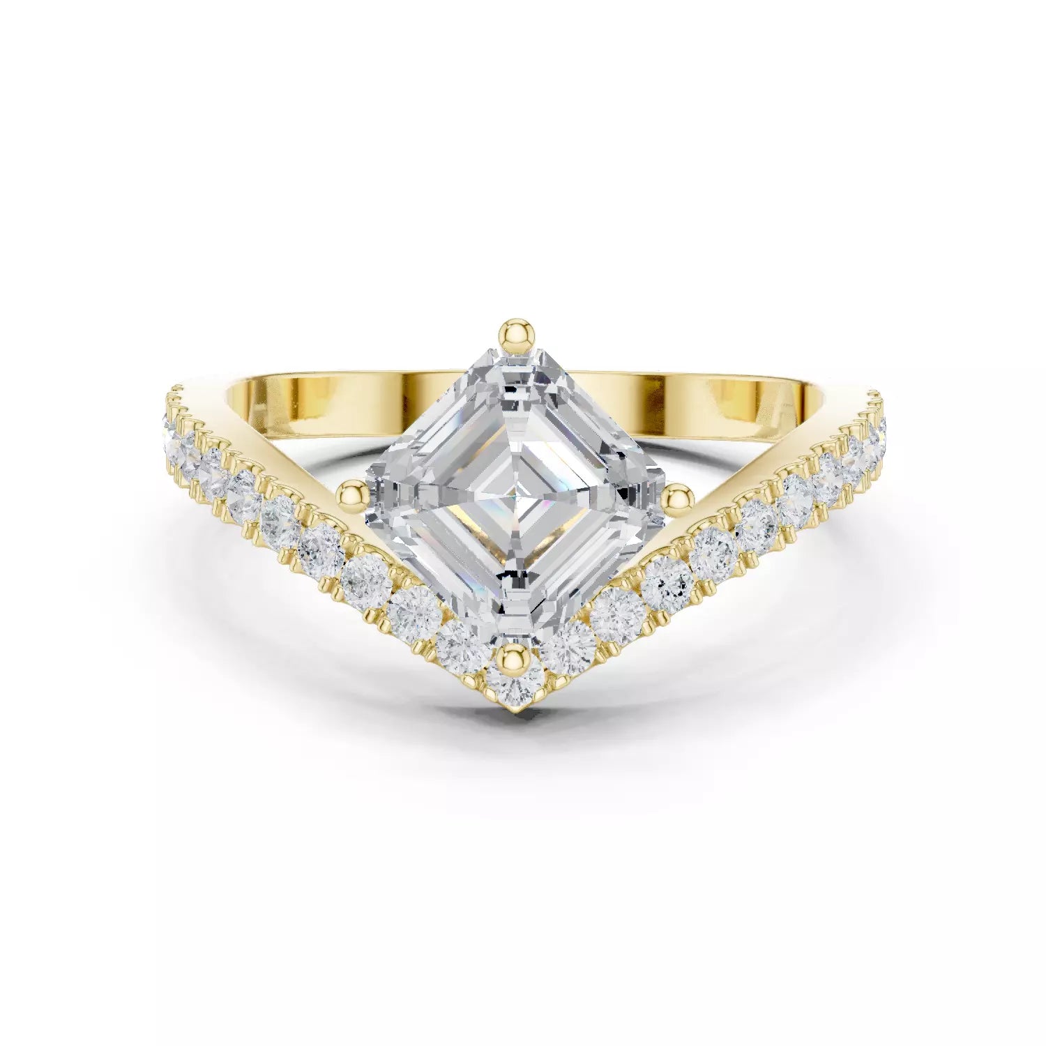 Lab-grown diamond ring with asscher-cut center, V-shaped chevron design, VVS to VS+ clarity, D–F color, Yellow Gold  #YELLOW GOLD