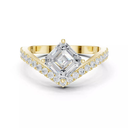 Lab-grown diamond ring with asscher-cut center, V-shaped chevron design, VVS to VS+ clarity, D–F color, Yellow Gold  #YELLOW GOLD