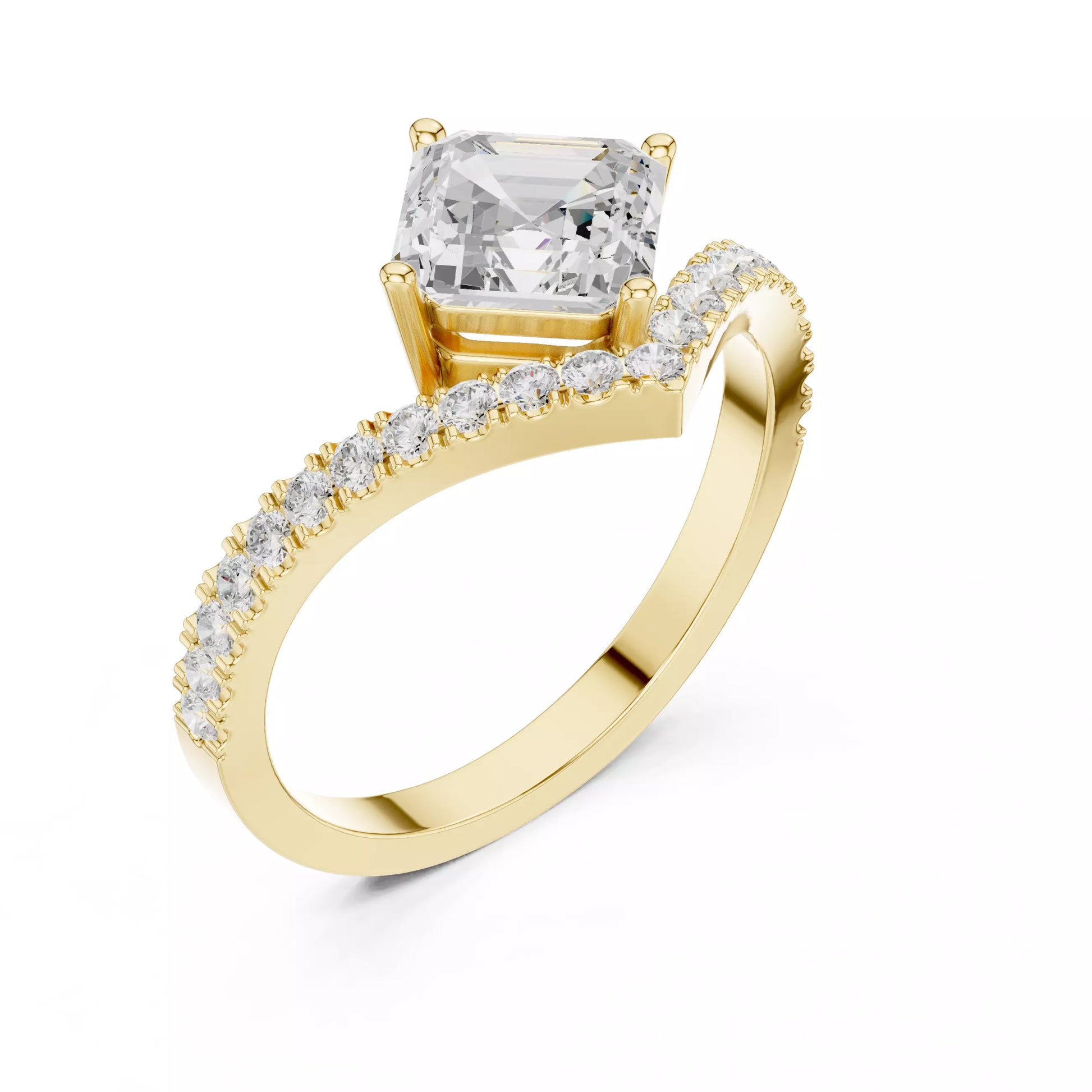 Lab-grown diamond ring with asscher-cut center, V-shaped chevron design, VVS to VS+ clarity, D–F color, Yellow Gold  #YELLOW GOLD