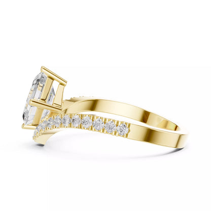 Lab-grown diamond ring with asscher-cut center, V-shaped chevron design, VVS to VS+ clarity, D–F color, Yellow Gold  #YELLOW GOLD