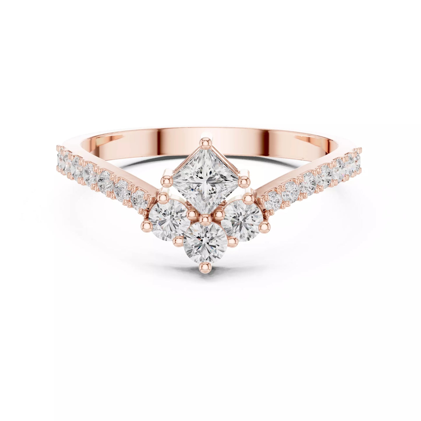 Lab-grown diamond ring with V-shaped solitaire-inspired design, princess and round diamonds, VVS to VS+ clarity, D–F color, Rose Gold #ROSE GOLD