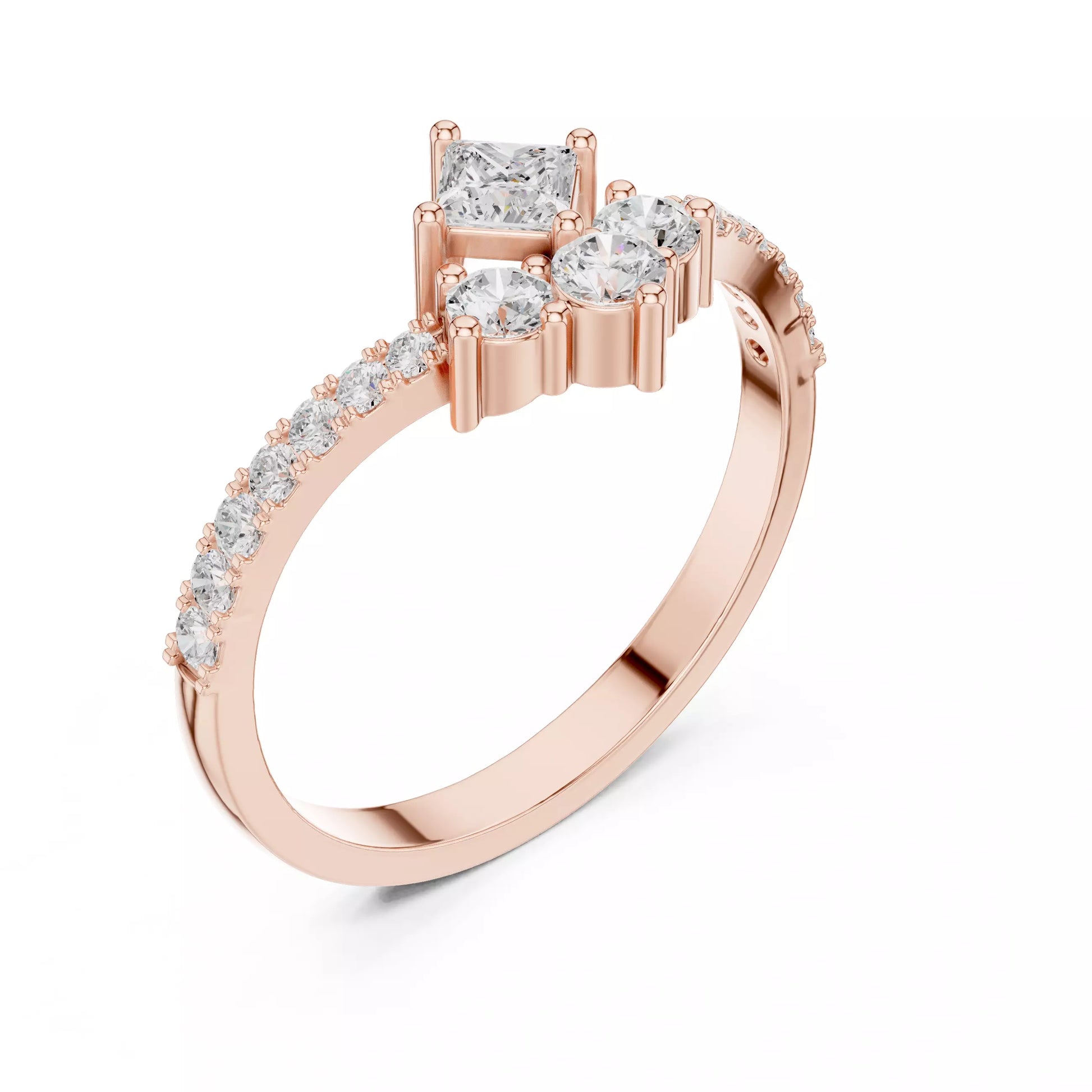 Lab-grown diamond ring with V-shaped solitaire-inspired design, princess and round diamonds, VVS to VS+ clarity, D–F color, Rose Gold #ROSE GOLD