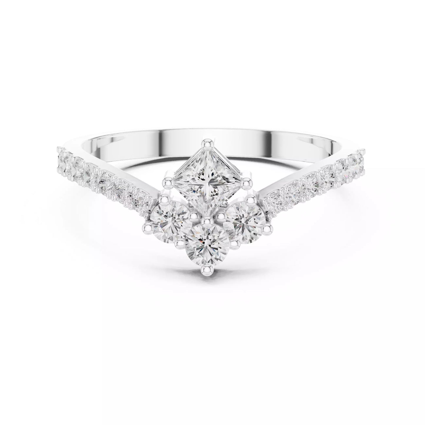 Lab-grown diamond ring with V-shaped cluster design, princess and round diamonds, VVS to VS+ clarity, D–F color, White Gold #WHITE GOLD