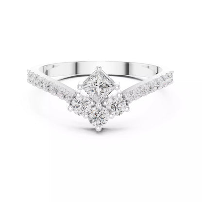 Lab-grown diamond ring with V-shaped cluster design, princess and round diamonds, VVS to VS+ clarity, D–F color, White Gold #WHITE GOLD