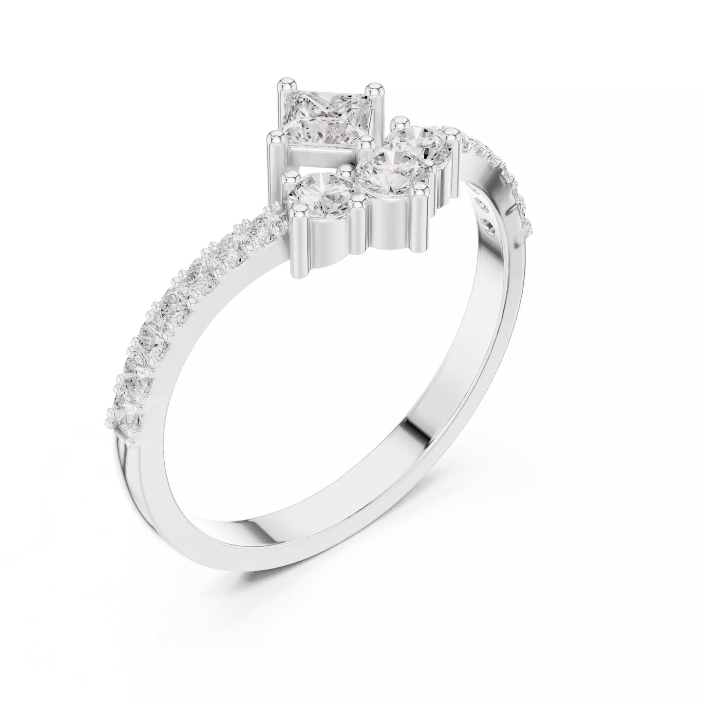 Lab-grown diamond ring with V-shaped cluster design, princess and round diamonds, VVS to VS+ clarity, D–F color, White Gold #WHITE GOLD