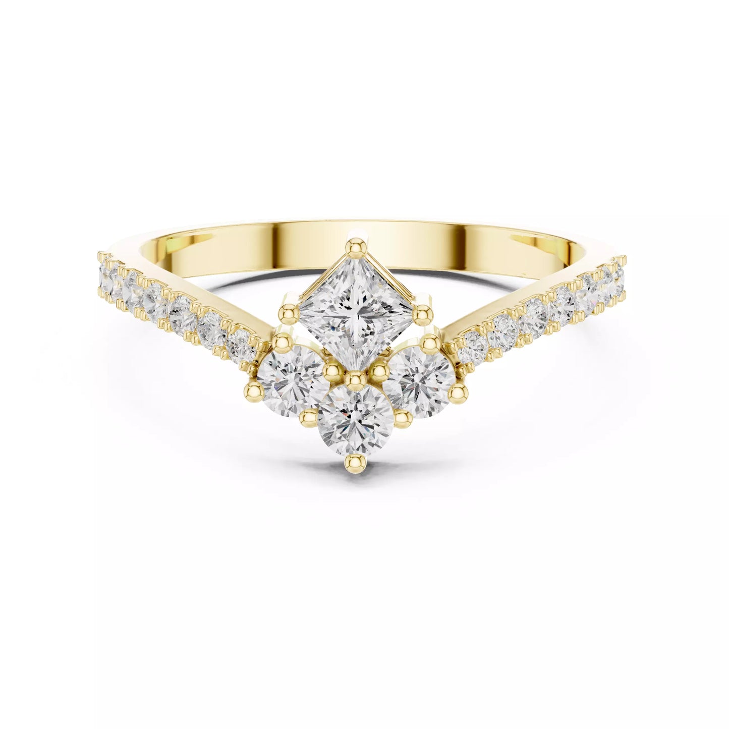 Lab-grown diamond ring with V-shaped cluster design, princess and round diamonds, VVS to VS+ clarity, D–F color, Yellow Gold #YELLOW GOLD
