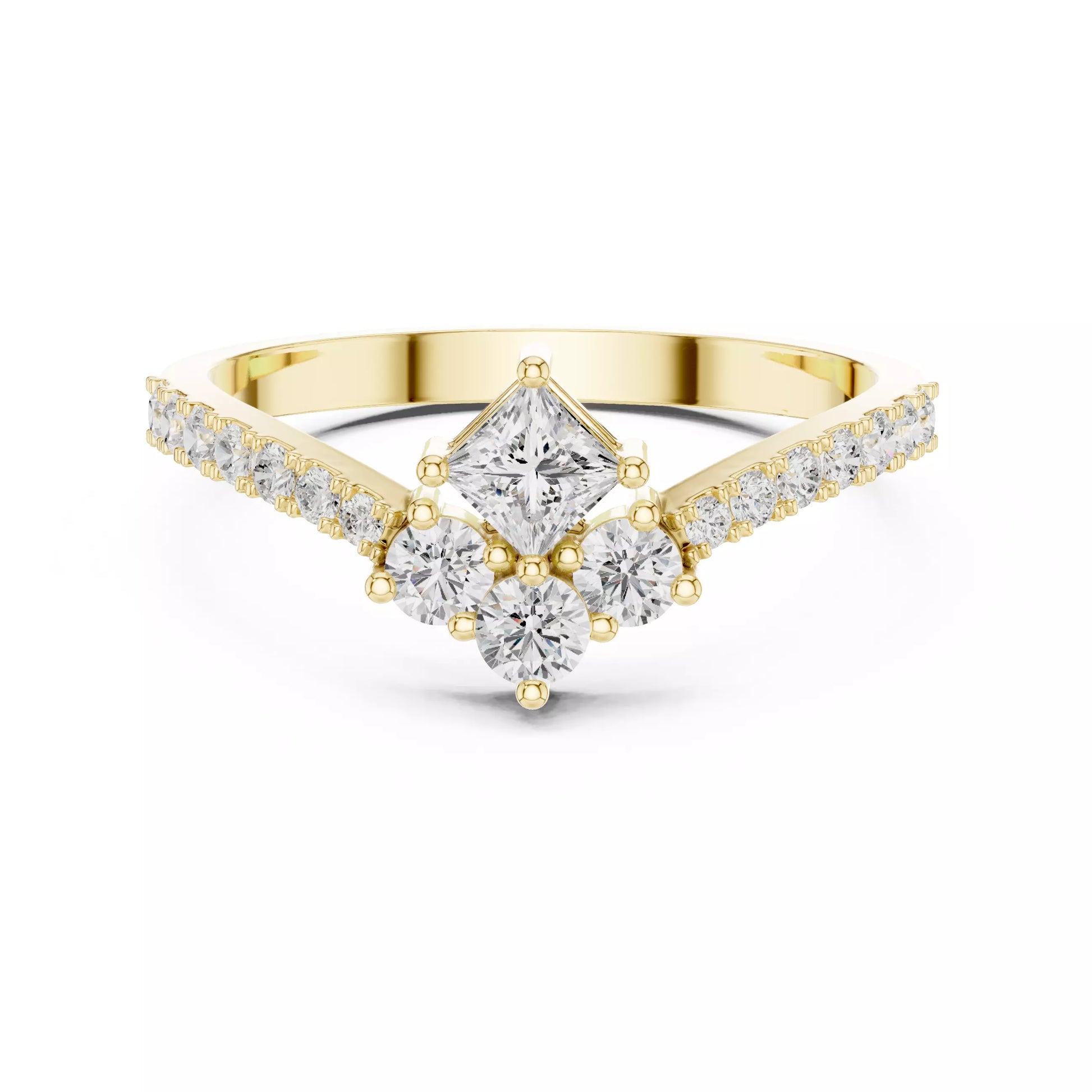 Lab-grown diamond ring with V-shaped cluster design, princess and round diamonds, VVS to VS+ clarity, D–F color, Yellow Gold #YELLOW GOLD