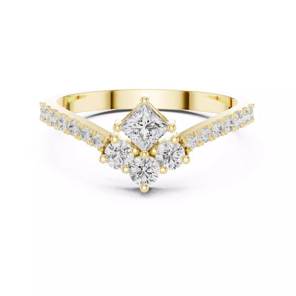 Lab-grown diamond ring with V-shaped cluster design, princess and round diamonds, VVS to VS+ clarity, D–F color, Yellow Gold #YELLOW GOLD