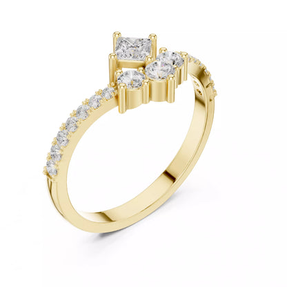 Lab-grown diamond ring with V-shaped cluster design, princess and round diamonds, VVS to VS+ clarity, D–F color, Yellow Gold #YELLOW GOLD