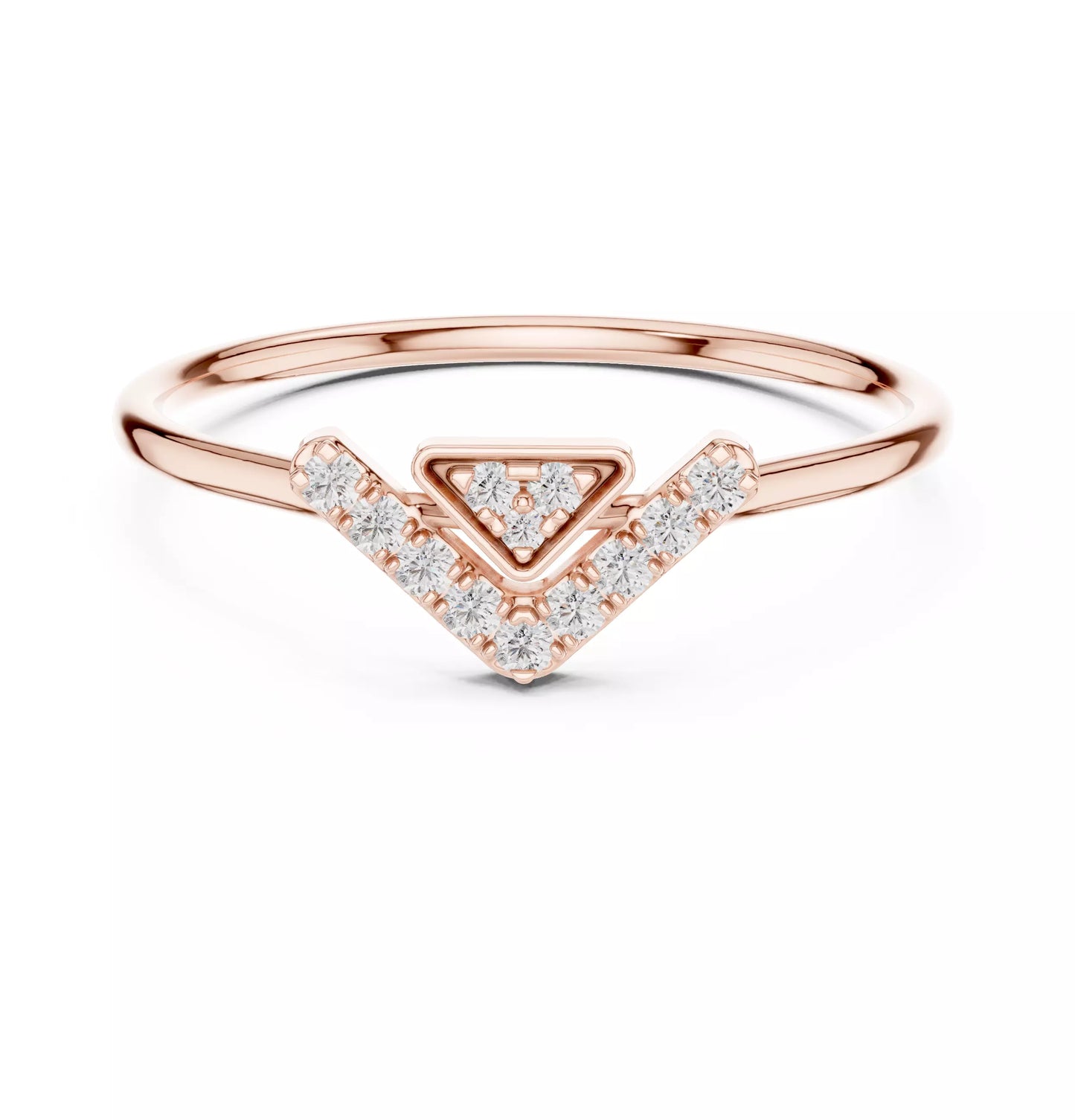 Lab-grown diamond ring with split-style chevron band and floating triangle design, round diamonds, VVS to VS+ clarity, D–F color, Rose Gold #ROSE GOLD