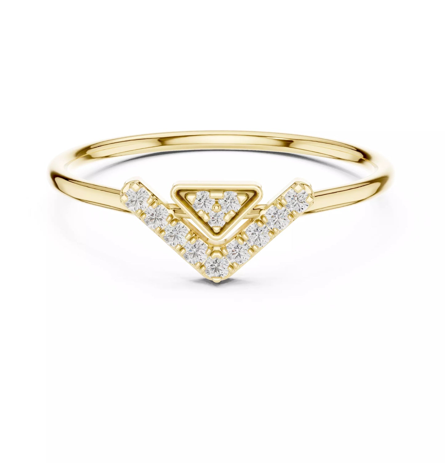 Lab-grown diamond ring with split-style chevron band and floating triangle design, round diamonds, VVS to VS+ clarity, D–F color, Yellow Gold #YELLOW GOLD