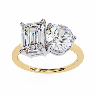 DUAL LAB-GROWN DIAMOND RING WITH RADIANT AND ROUND CUTS IN YELLOW GOLD BAR SETTING 