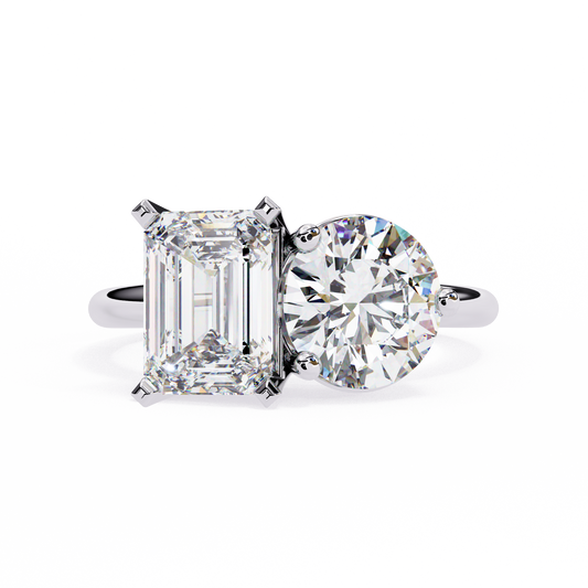 DUAL LAB-GROWN DIAMOND RING WITH RADIANT AND ROUND CUTS IN WHITE GOLD BAR SETTING 