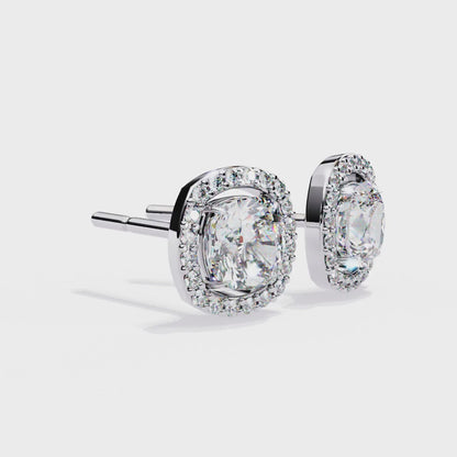 LAB-GROWN DIAMOND EARRING WITH CUSHION HALO STUD DESIGN IN WHITE GOLD FEATURING DIAMOND CLARITY VVS TO VS+ AND DIAMOND COLOR D–F LUXURY JEWELRY #WHITE GOLD