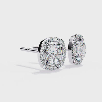 LAB-GROWN DIAMOND EARRING WITH CUSHION HALO STUD DESIGN IN WHITE GOLD FEATURING DIAMOND CLARITY VVS TO VS+ AND DIAMOND COLOR D–F LUXURY JEWELRY #WHITE GOLD