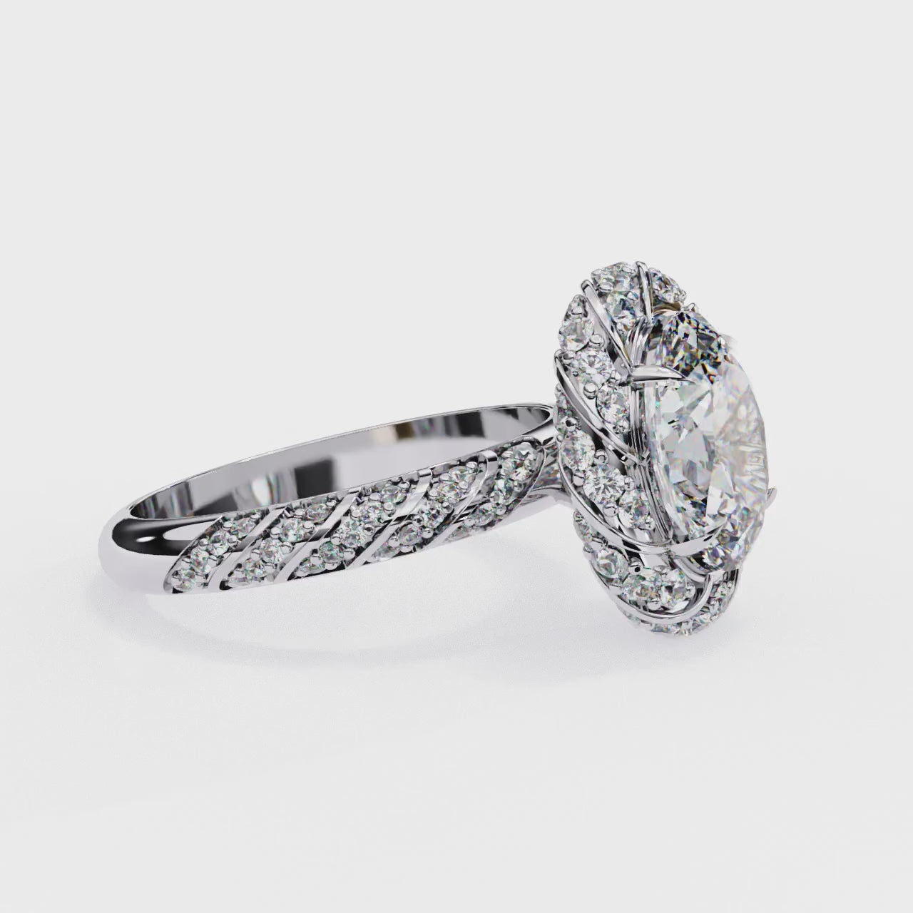 WHITE GOLD OVAL DIAMOND RING HALO SETTING TWISTED PAVE BAND LUXURY ##WHITE GOLD