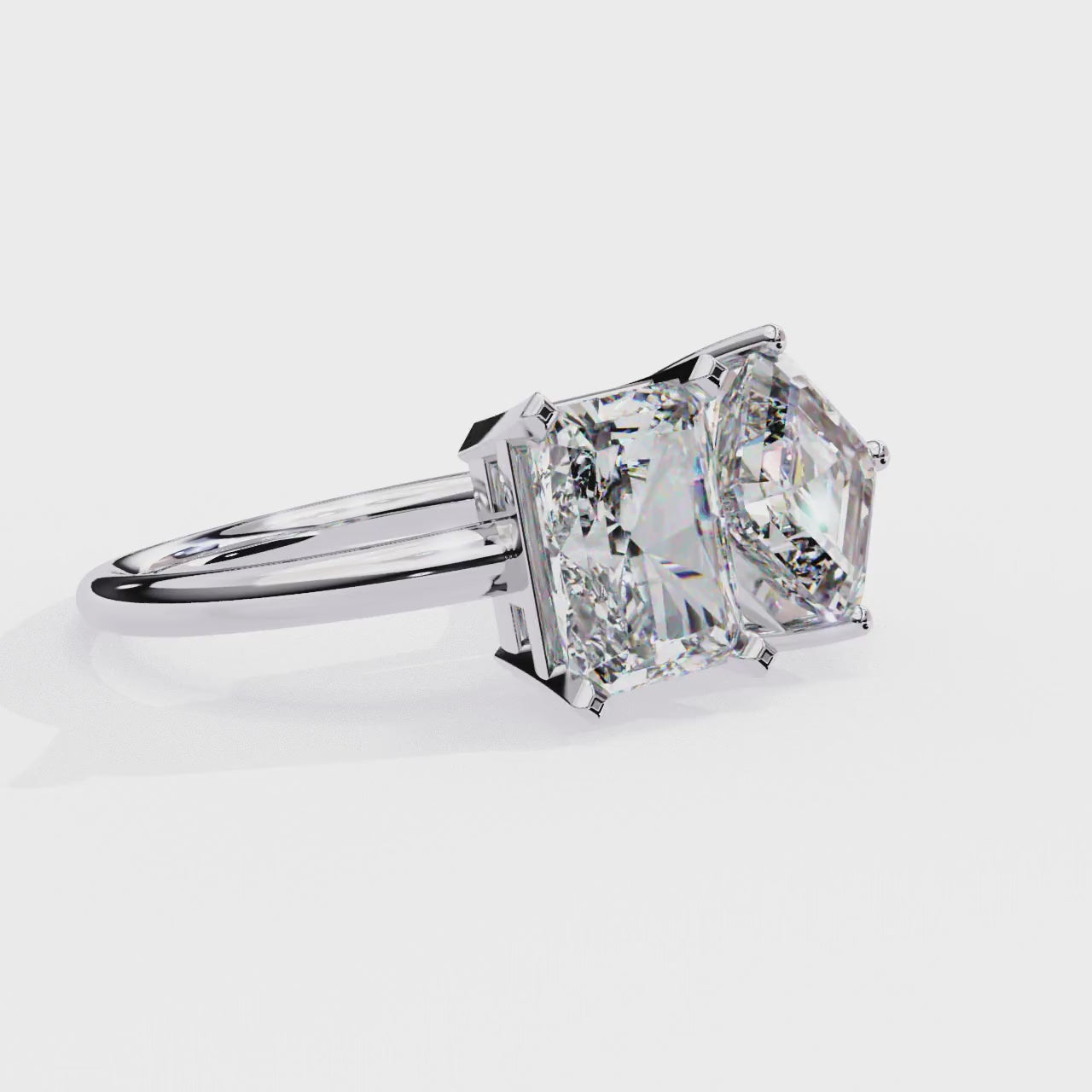 DUAL LAB-GROWN DIAMOND RING WITH RADIANT AND EMERALD CUTS IN WHITE GOLD BAR SETTING ##WHITE GOLD