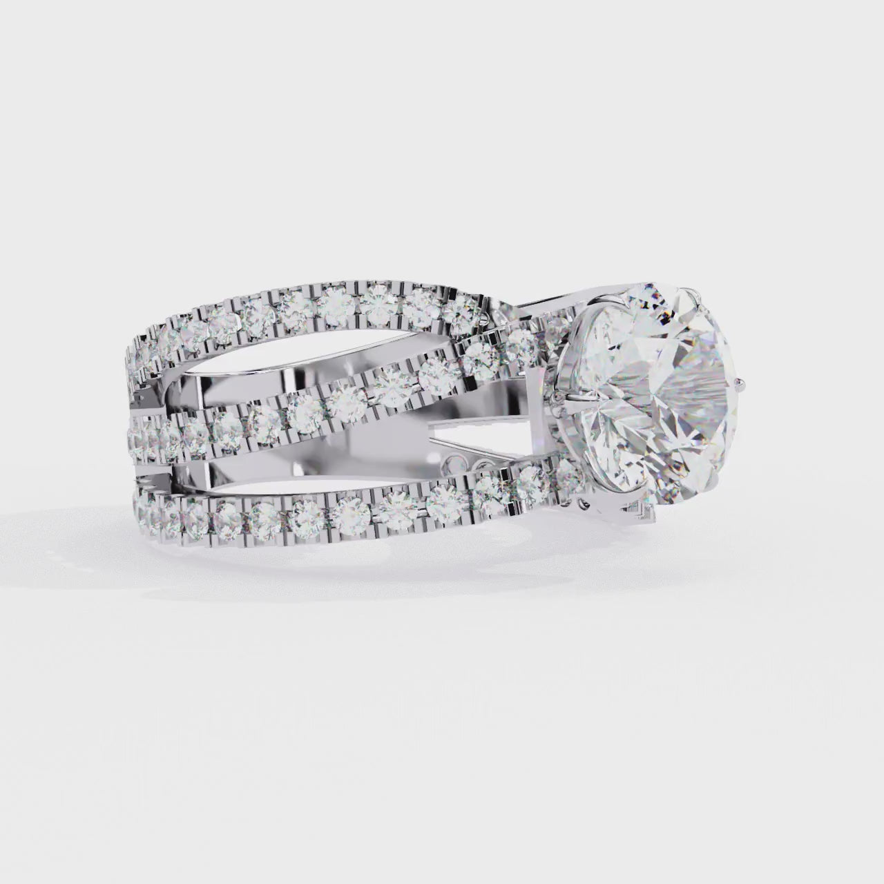 WHITE GOLD CROSSOVER ENGAGEMENT RING FEATURING TWISTED DIAMOND BANDS AND ROUND CENTER ##WHITE GOLD