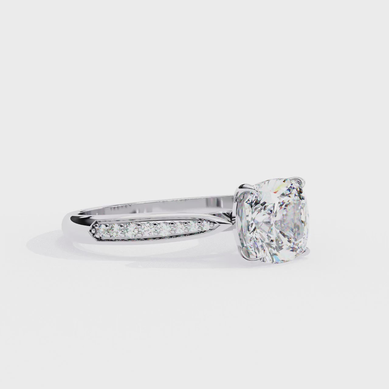 CUSHION-CUT LAB-GROWN DIAMOND SOLITAIRE ENGAGEMENT RING WITH ROUND ACCENT DIAMONDS IN WHITE GOLD ##WHITE GOLD