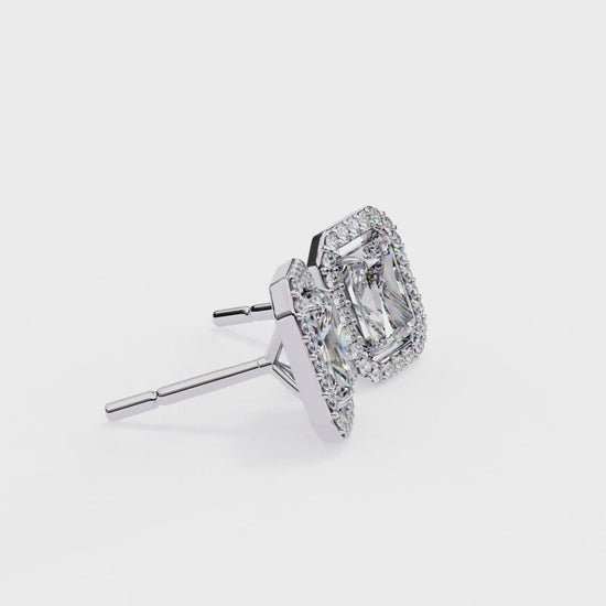 LAB-GROWN DIAMOND EARRING BACK VIEW WITH RADIANT HALO EARRING DESIGN IN WHITE GOLD, VVS TO VS+ CLARITY, D-F COLOR #WHITE GOLD