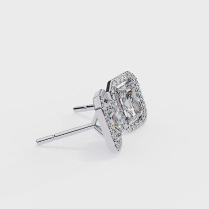 LAB-GROWN DIAMOND EARRING BACK VIEW WITH RADIANT HALO EARRING DESIGN IN WHITE GOLD, VVS TO VS+ CLARITY, D-F COLOR #WHITE GOLD