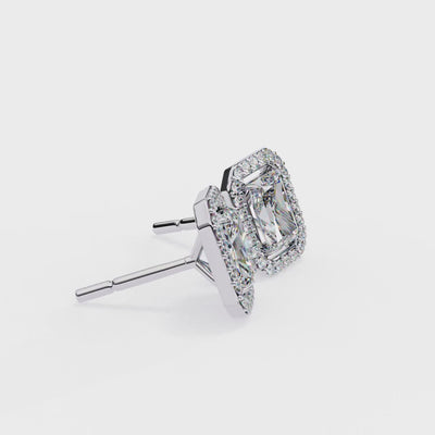 LAB-GROWN DIAMOND EARRING BACK VIEW WITH RADIANT HALO EARRING DESIGN IN WHITE GOLD, VVS TO VS+ CLARITY, D-F COLOR #WHITE GOLD