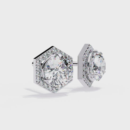 LAB-GROWN DIAMOND EARRING WITH HEXAGON HALO STUD DESIGN IN WHITE GOLD FEATURING VVS TO VS+ D–F DIAMONDS LUXURY JEWELRY #WHITE GOLD
