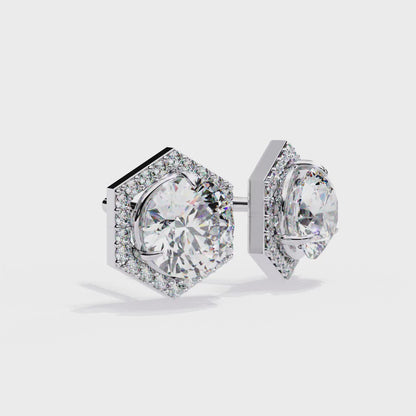 LAB-GROWN DIAMOND EARRING WITH HEXAGON HALO STUD DESIGN IN WHITE GOLD FEATURING VVS TO VS+ D–F DIAMONDS LUXURY JEWELRY #WHITE GOLD