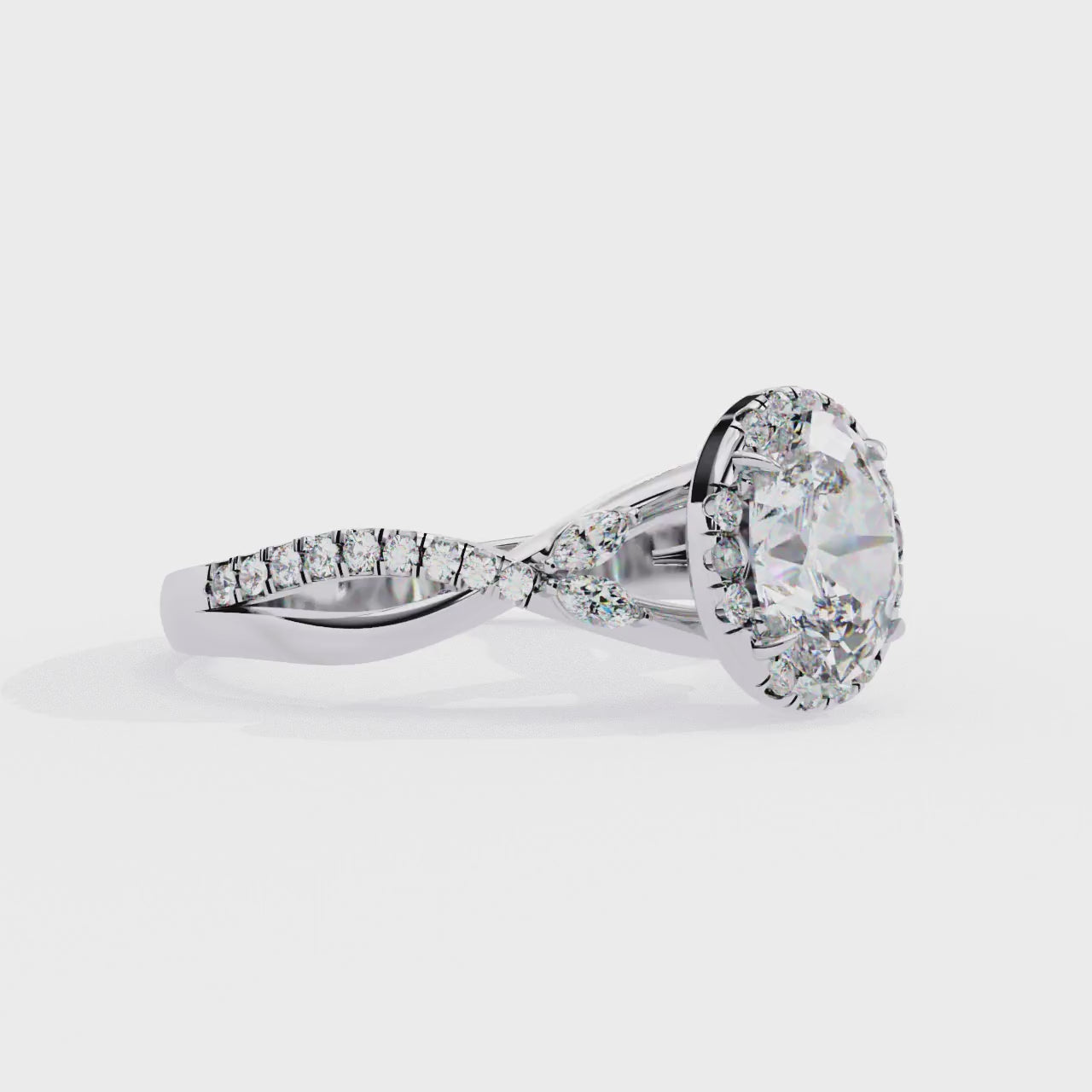OVAL DIAMOND TWISTED HALO RING WHITE GOLD MARQUISE ACCENTS TOP VIEW ##WHITE GOLD